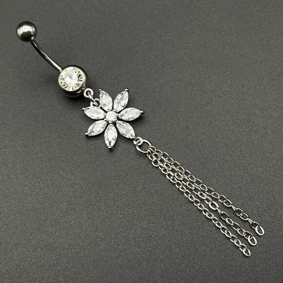316L Stainless Steel with White Diamond Cubic Zirconia Flower 14G Belly Ring - Picture 1 of 9